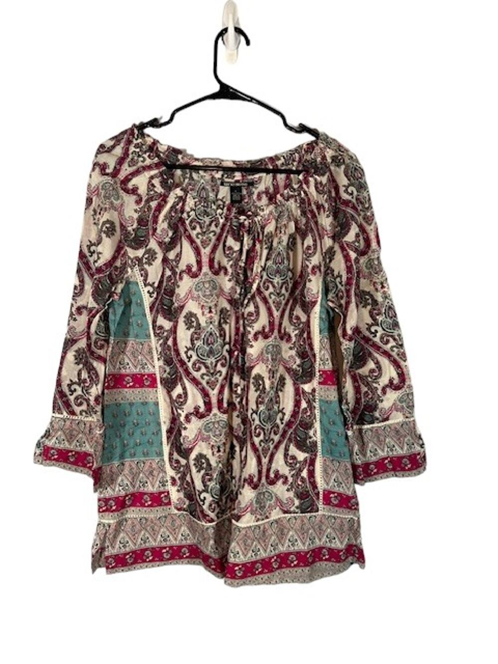 Lucky Brand White Purple Multicolor Paisley Boho Long Sleeve Blouse Women Sz L